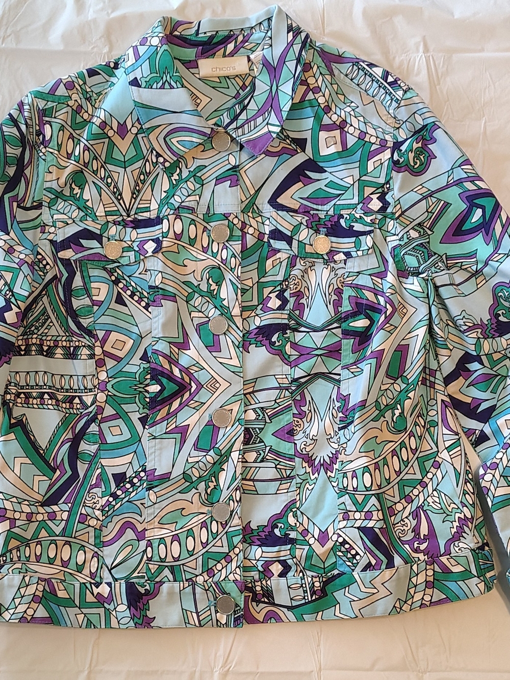 CHICO'S HANNALEE Graphic Print Jacket BLUE TANG CHICOS Sz 1 NWOT - Picture 3 of 10